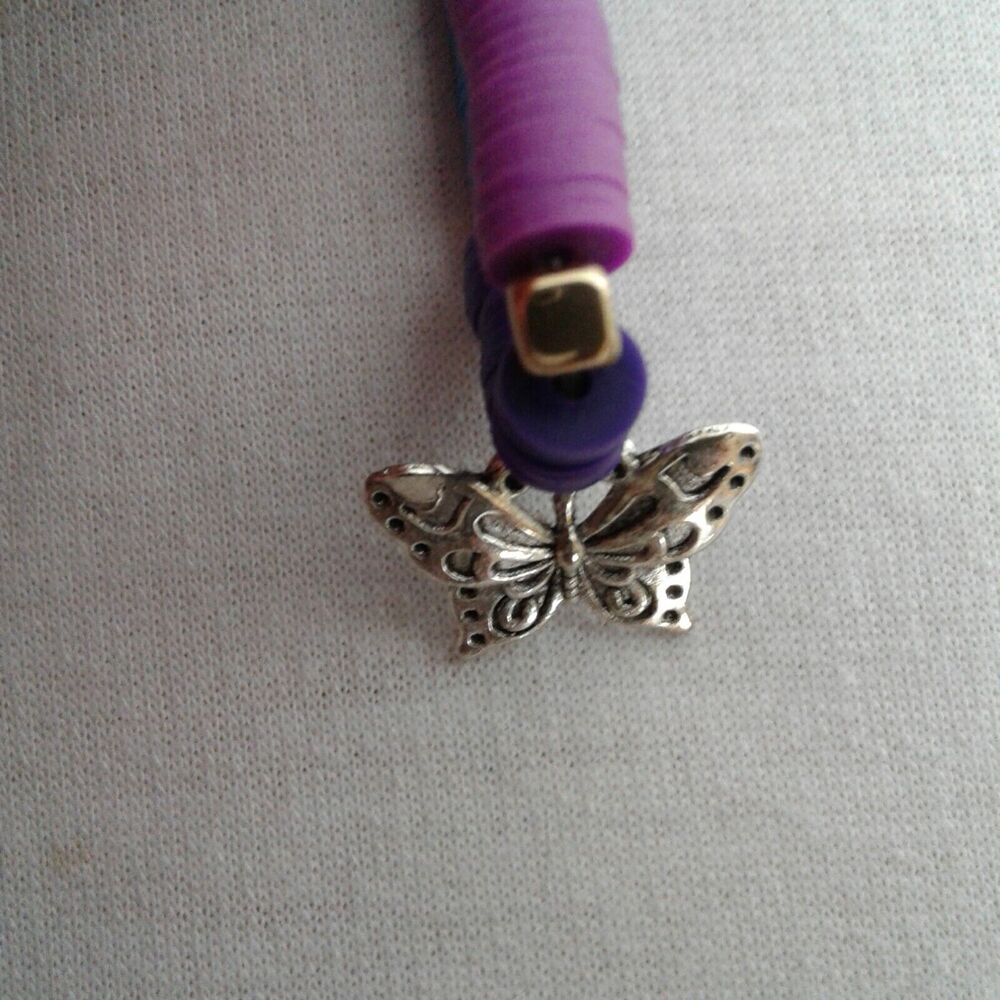clay bead bracelet with butterfly charm blue, purple teal turquoise, handmade - Picture 2 of 2